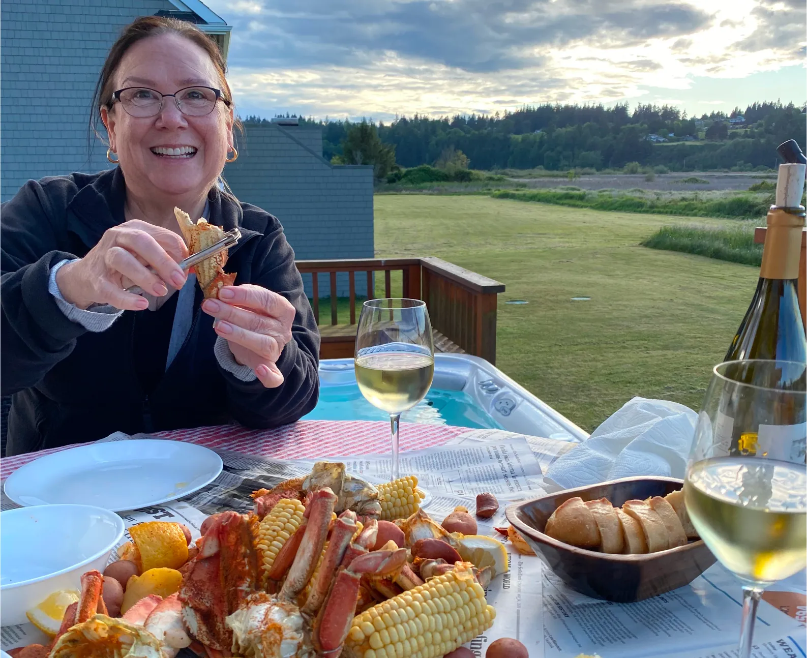 Diane enjoying a crab boil on Whidbey Island